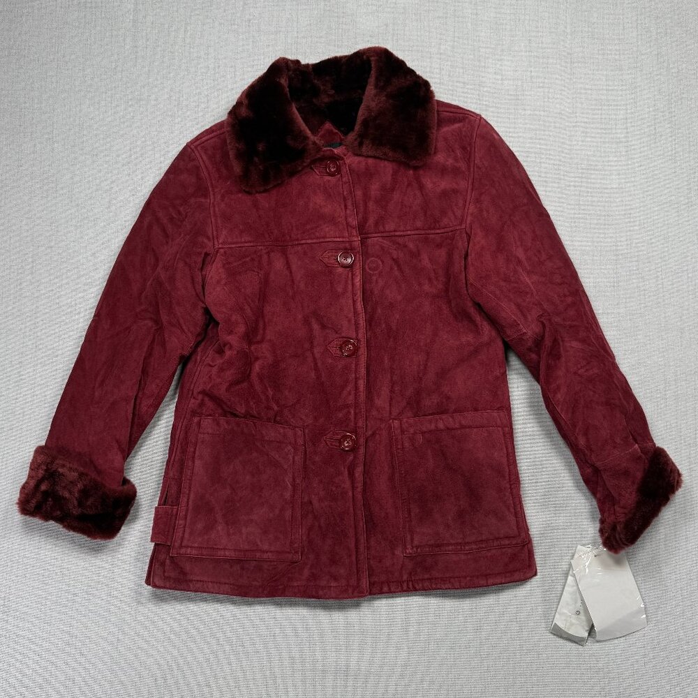 Dennis Basso Jacket Faux Fur Trim Burgundy Suede Leather Lined Size XS NWT
